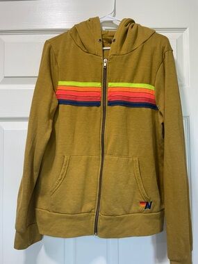 Aviator Nation Mustard Yellow Zip Hoodie with Neon Stripe Accents